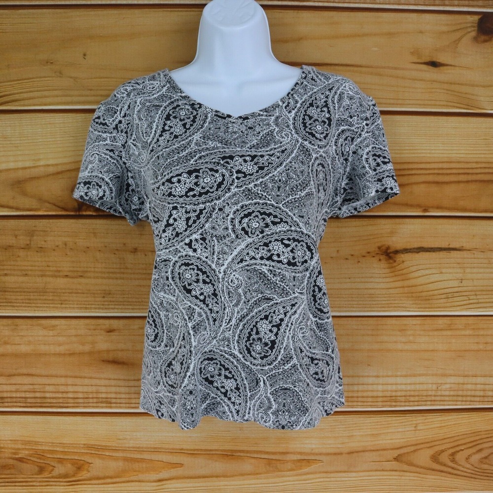 Croft & Barrow‎ Paisley Shirt Womens Size M Black White SOFT Cotton Short Sleeve